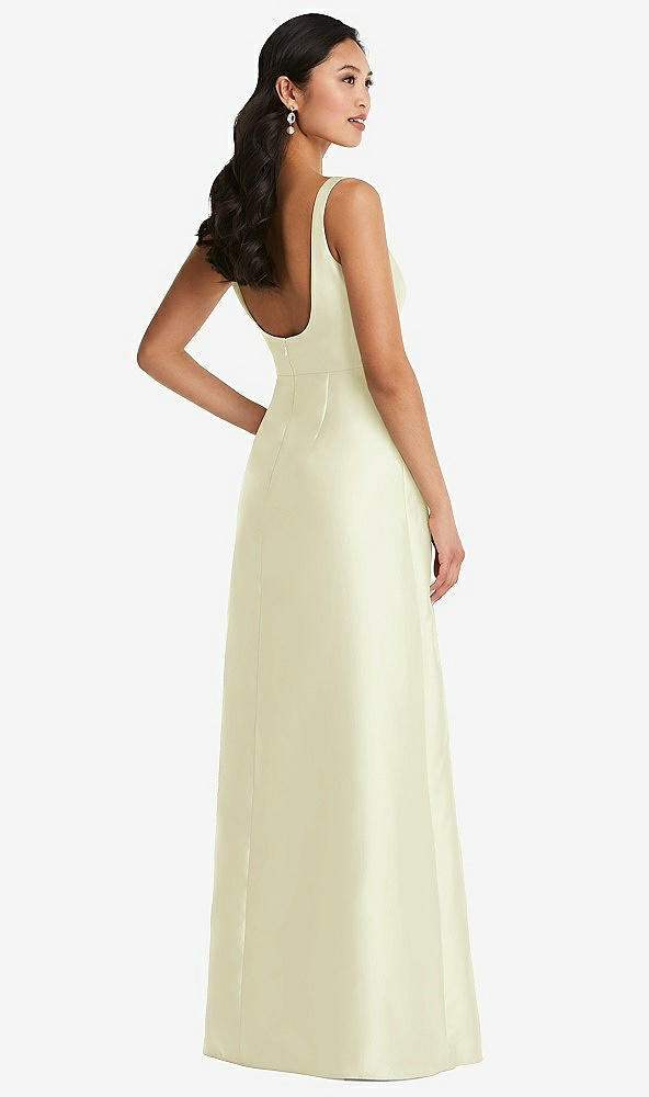 Back View - Butter Yellow Pleated Bodice Open-Back Maxi Dress with Pockets