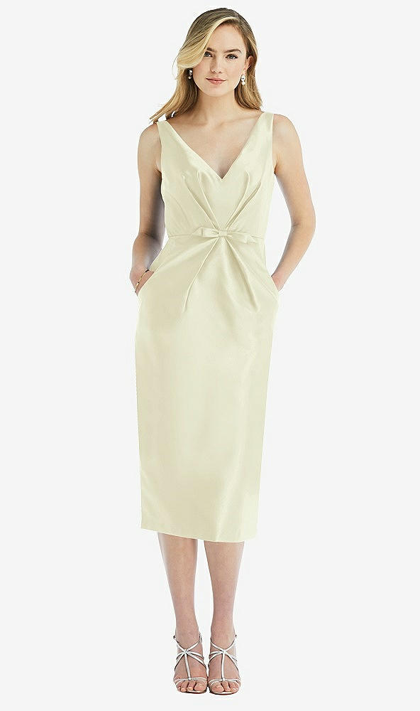 Front View - Butter Yellow Sleeveless Bow-Waist Pleated Satin Pencil Dress with Pockets
