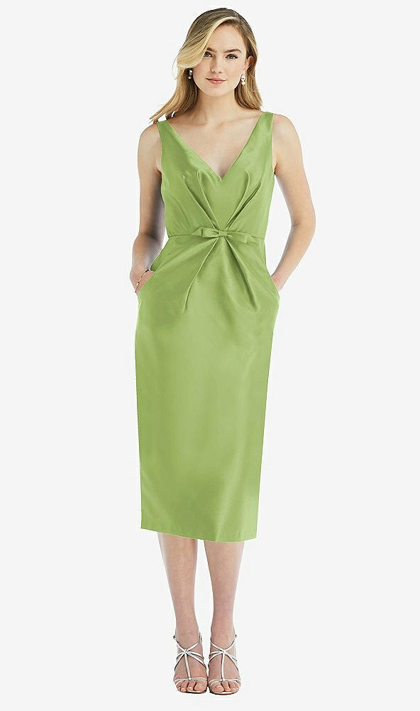 Front View - Mojito Sleeveless Bow-Waist Pleated Satin Pencil Dress with Pockets
