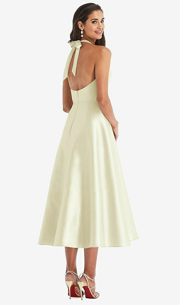 Back View - Butter Yellow Tie-Neck Halter Full Skirt Satin Midi Dress