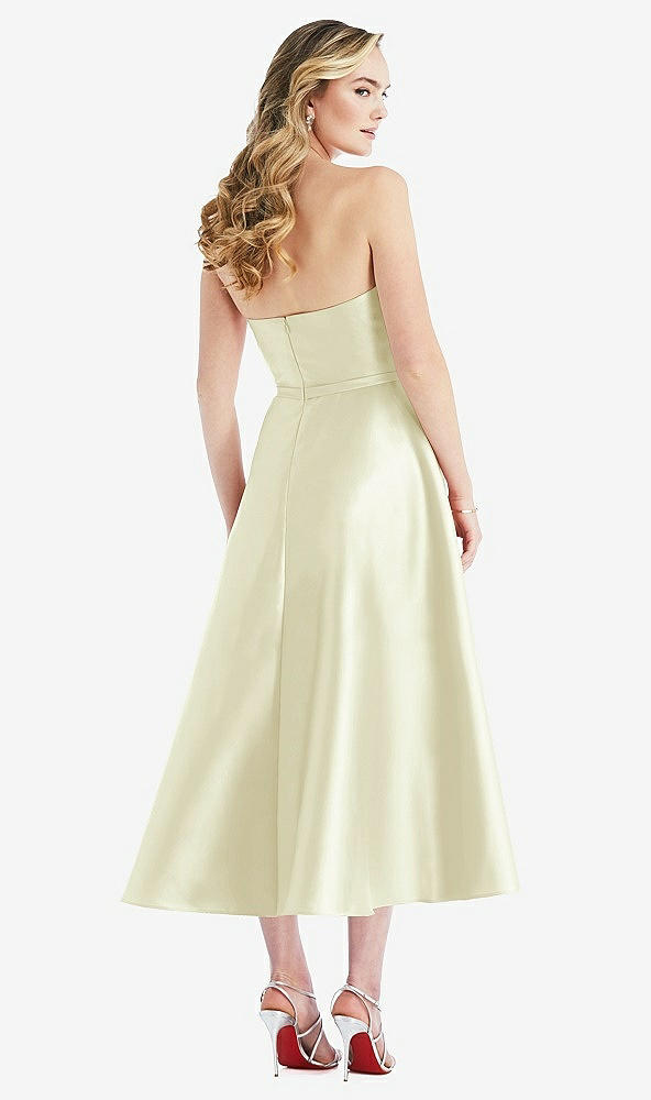 Back View - Butter Yellow Strapless Bow-Waist Full Skirt Satin Midi Dress