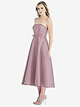 Side View Thumbnail - Dusty Rose Strapless Bow-Waist Full Skirt Satin Midi Dress