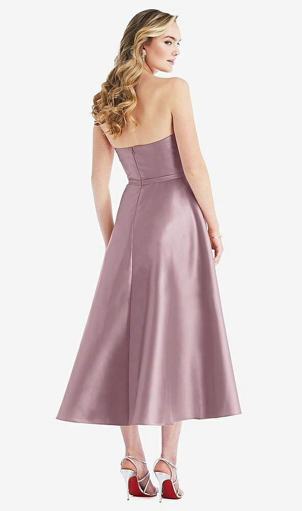 Back View - Dusty Rose Strapless Bow-Waist Full Skirt Satin Midi Dress