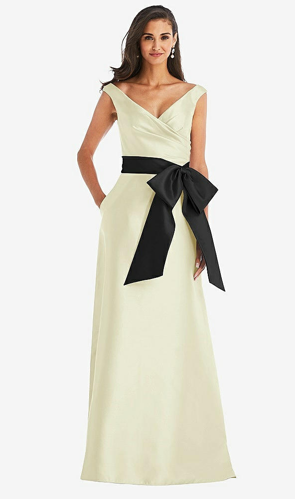 Front View - Butter Yellow & Black Off-the-Shoulder Bow-Waist Maxi Dress with Pockets