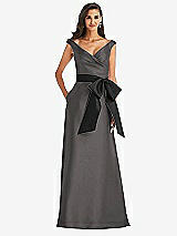 Front View Thumbnail - Caviar Gray & Black Off-the-Shoulder Bow-Waist Maxi Dress with Pockets