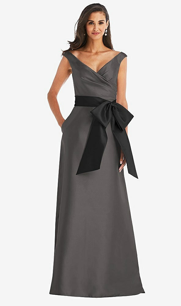 Front View - Caviar Gray & Black Off-the-Shoulder Bow-Waist Maxi Dress with Pockets