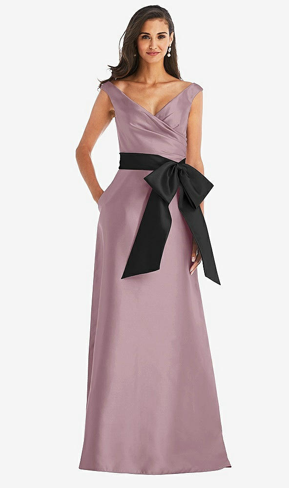 Front View - Dusty Rose & Black Off-the-Shoulder Bow-Waist Maxi Dress with Pockets