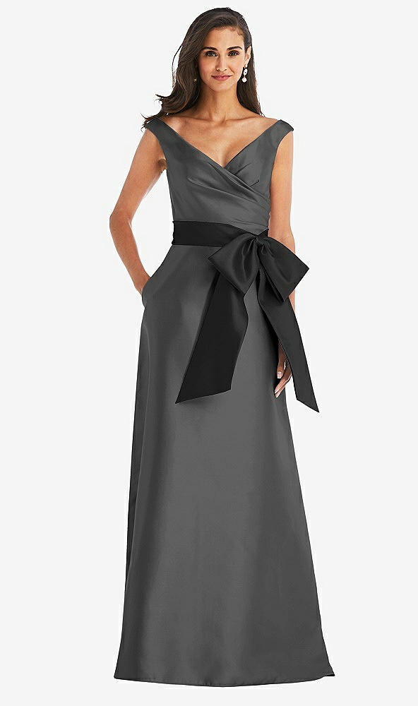 Front View - Gunmetal & Black Off-the-Shoulder Bow-Waist Maxi Dress with Pockets