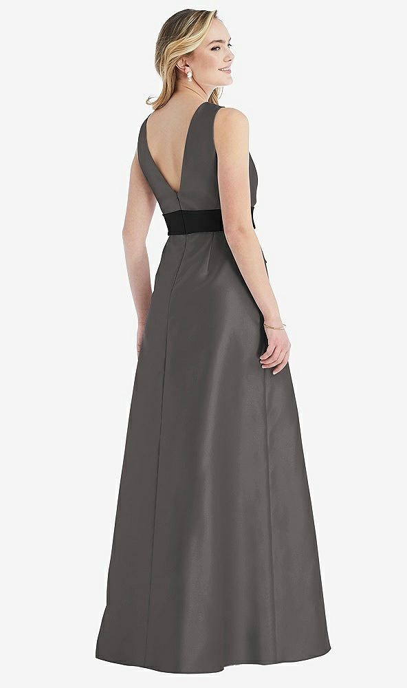 Back View - Caviar Gray & Black High-Neck Bow-Waist Maxi Dress with Pockets