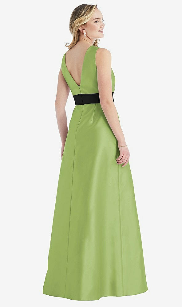Back View - Mojito & Black High-Neck Bow-Waist Maxi Dress with Pockets