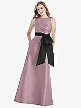 Front View Thumbnail - Dusty Rose & Black High-Neck Bow-Waist Maxi Dress with Pockets