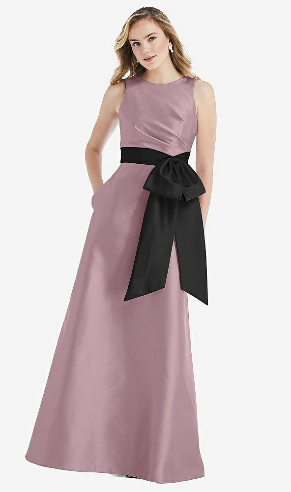 Front View - Dusty Rose & Black High-Neck Bow-Waist Maxi Dress with Pockets