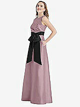 Side View Thumbnail - Dusty Rose & Black High-Neck Bow-Waist Maxi Dress with Pockets