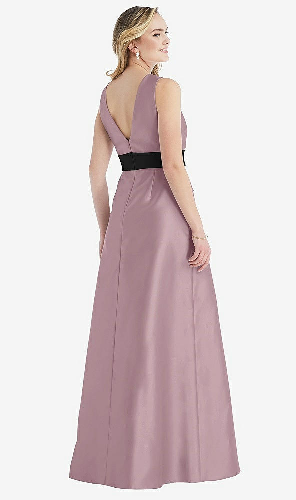 Back View - Dusty Rose & Black High-Neck Bow-Waist Maxi Dress with Pockets