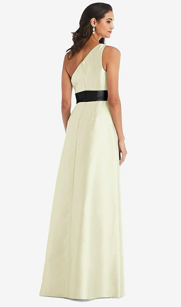 Back View - Butter Yellow & Black One-Shoulder Bow-Waist Maxi Dress with Pockets