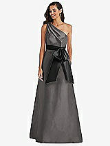 Front View Thumbnail - Caviar Gray & Black One-Shoulder Bow-Waist Maxi Dress with Pockets