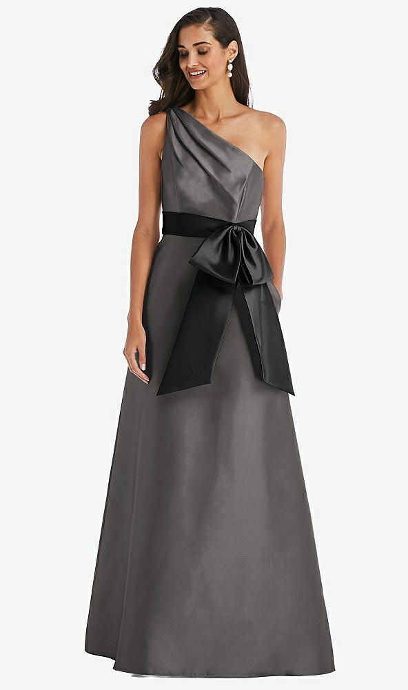 Front View - Caviar Gray & Black One-Shoulder Bow-Waist Maxi Dress with Pockets