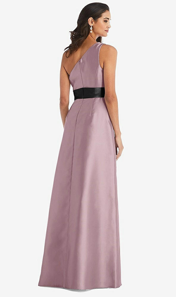 Back View - Dusty Rose & Black One-Shoulder Bow-Waist Maxi Dress with Pockets