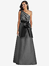 Front View Thumbnail - Gunmetal & Black One-Shoulder Bow-Waist Maxi Dress with Pockets