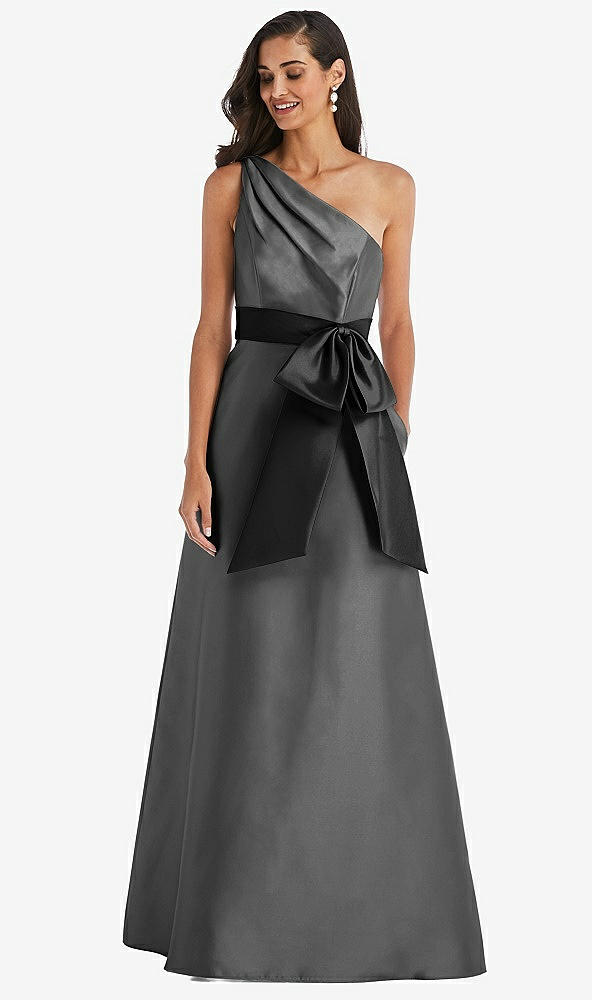 Front View - Gunmetal & Black One-Shoulder Bow-Waist Maxi Dress with Pockets