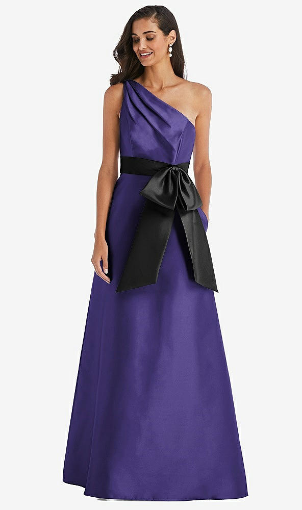 Front View - Grape & Black One-Shoulder Bow-Waist Maxi Dress with Pockets
