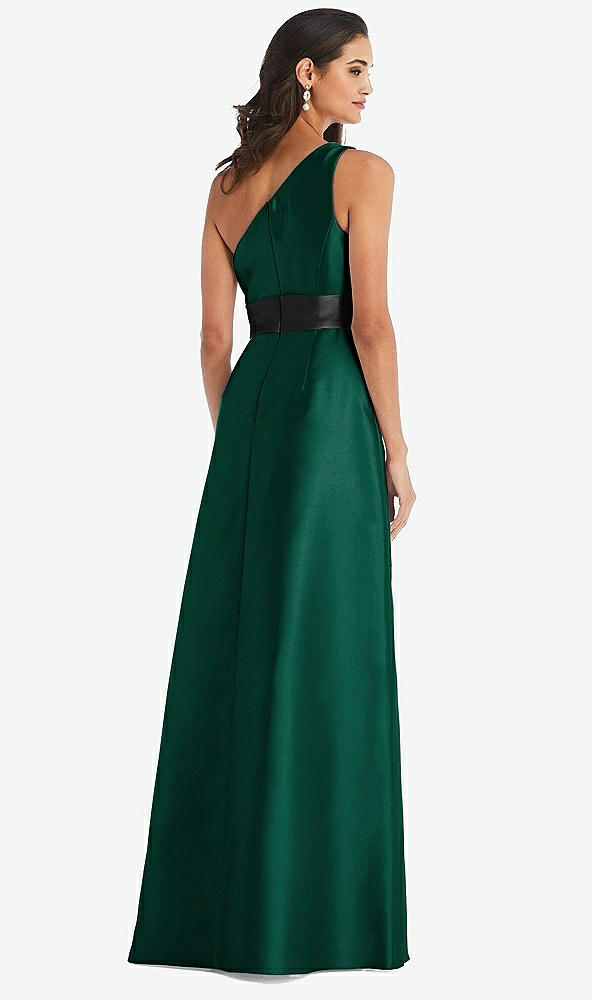 Back View - Hunter Green & Black One-Shoulder Bow-Waist Maxi Dress with Pockets