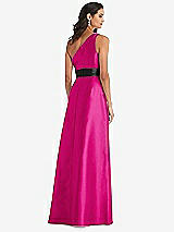 Rear View Thumbnail - Think Pink & Black One-Shoulder Bow-Waist Maxi Dress with Pockets