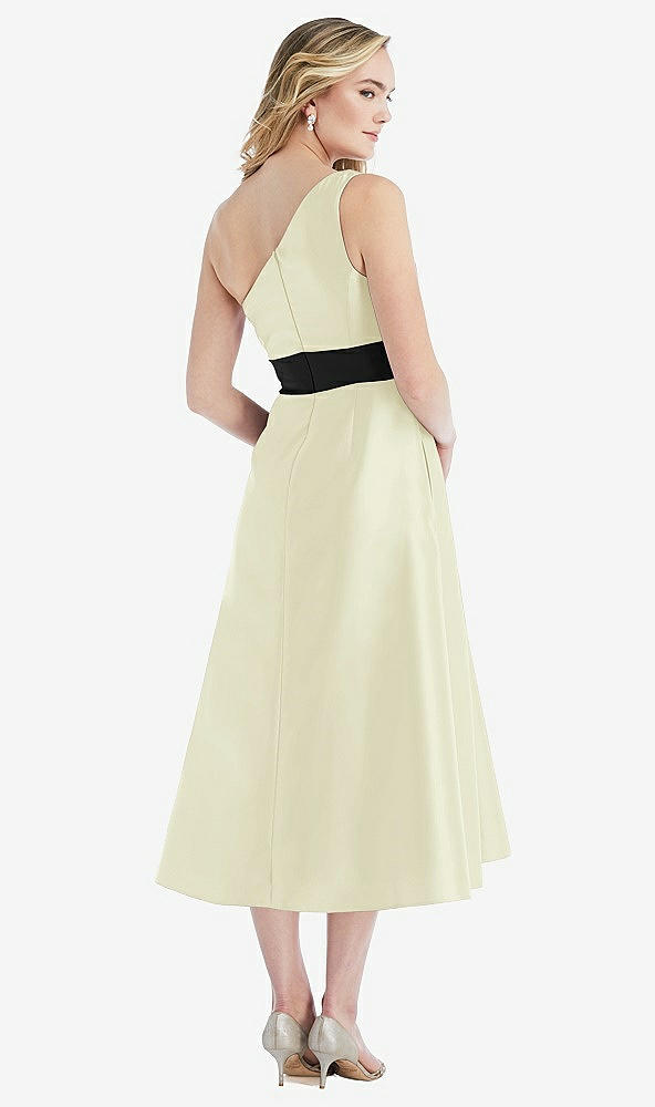 Back View - Butter Yellow & Black One-Shoulder Bow-Waist Midi Dress with Pockets