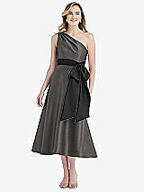 Front View Thumbnail - Caviar Gray & Black One-Shoulder Bow-Waist Midi Dress with Pockets