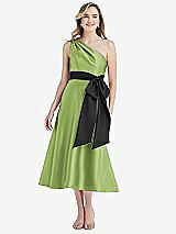 Front View Thumbnail - Mojito & Black One-Shoulder Bow-Waist Midi Dress with Pockets
