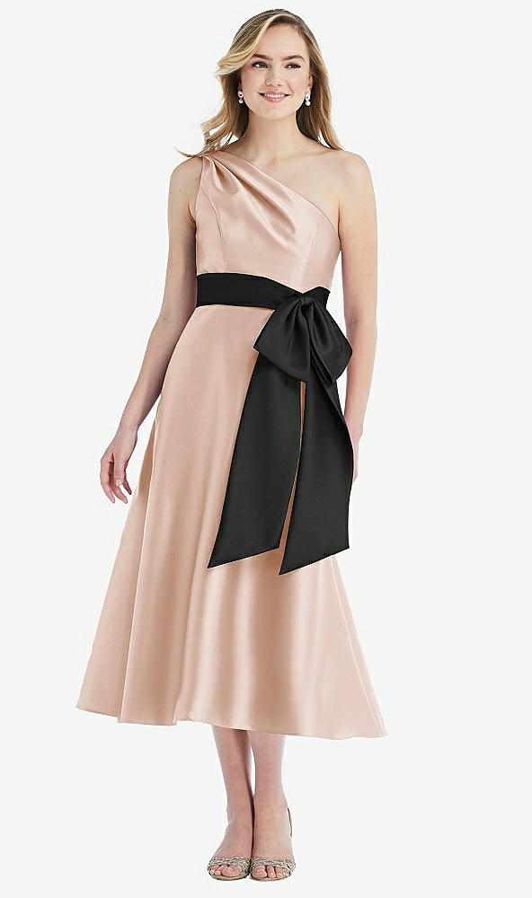 Front View - Cameo & Black One-Shoulder Bow-Waist Midi Dress with Pockets