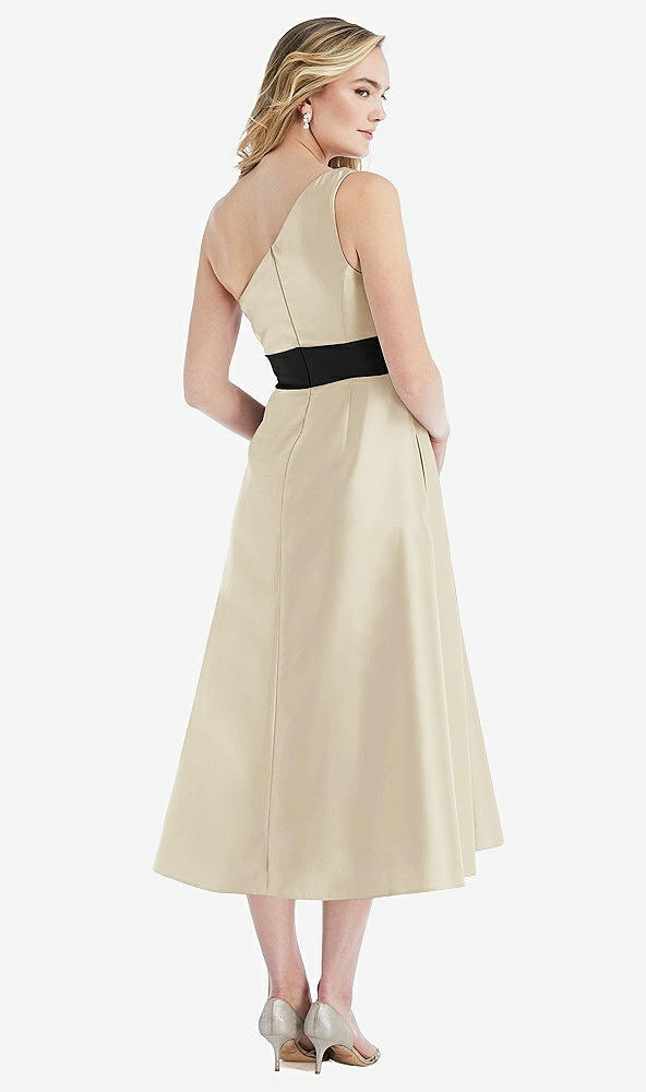 Back View - Champagne & Black One-Shoulder Bow-Waist Midi Dress with Pockets