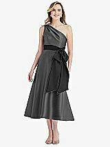 Front View Thumbnail - Gunmetal & Black One-Shoulder Bow-Waist Midi Dress with Pockets