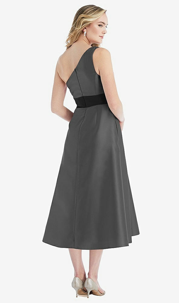 Back View - Gunmetal & Black One-Shoulder Bow-Waist Midi Dress with Pockets