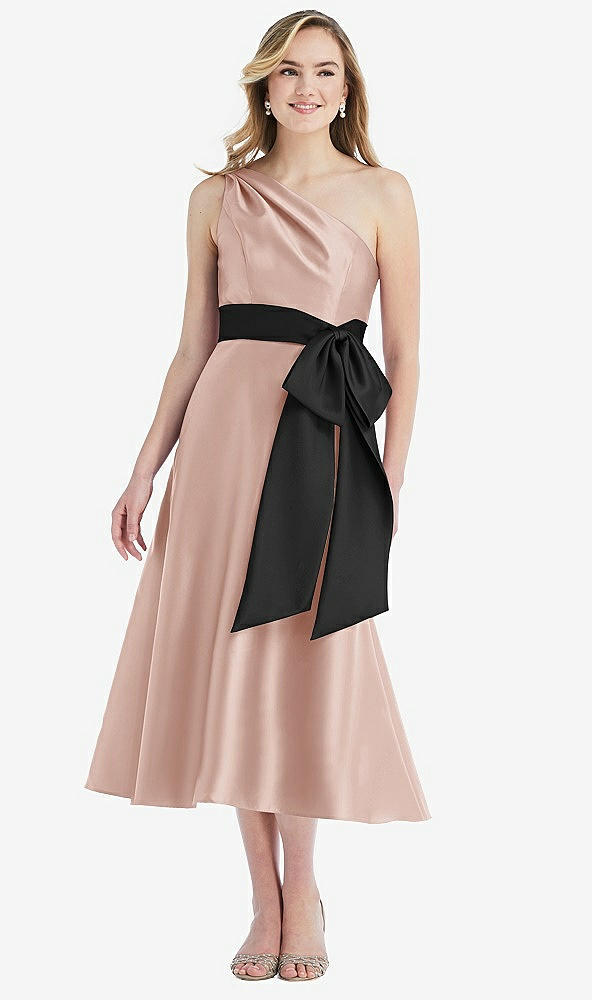 Front View - Toasted Sugar & Black One-Shoulder Bow-Waist Midi Dress with Pockets