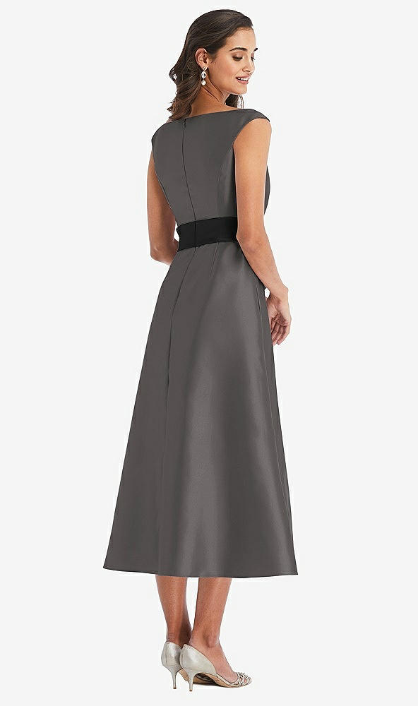 Back View - Caviar Gray & Black Off-the-Shoulder Bow-Waist Midi Dress with Pockets