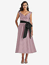 Front View Thumbnail - Dusty Rose & Black Off-the-Shoulder Bow-Waist Midi Dress with Pockets