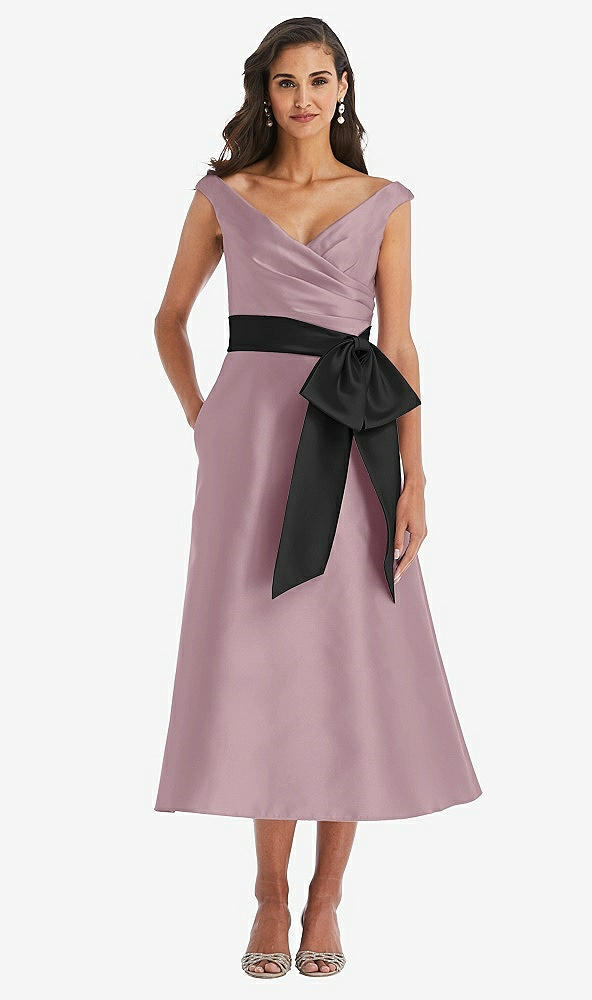 Front View - Dusty Rose & Black Off-the-Shoulder Bow-Waist Midi Dress with Pockets