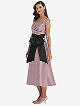 Side View Thumbnail - Dusty Rose & Black Off-the-Shoulder Bow-Waist Midi Dress with Pockets