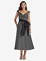 Front View Thumbnail - Gunmetal & Black Off-the-Shoulder Bow-Waist Midi Dress with Pockets