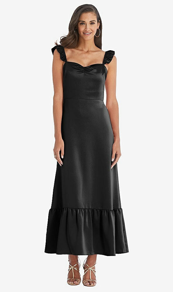 Front View - Black Ruffled Convertible Sleeve Midi Dress