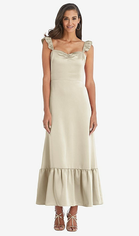 Front View - Champagne Ruffled Convertible Sleeve Midi Dress