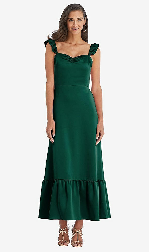 Front View - Hunter Green Ruffled Convertible Sleeve Midi Dress