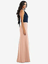 Alt View 2 Thumbnail - Pale Peach & Midnight Navy High-Neck Open-Back Maxi Dress with Scarf Tie