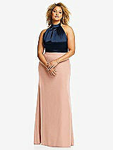 Front View Thumbnail - Pale Peach & Midnight Navy High-Neck Open-Back Maxi Dress with Scarf Tie