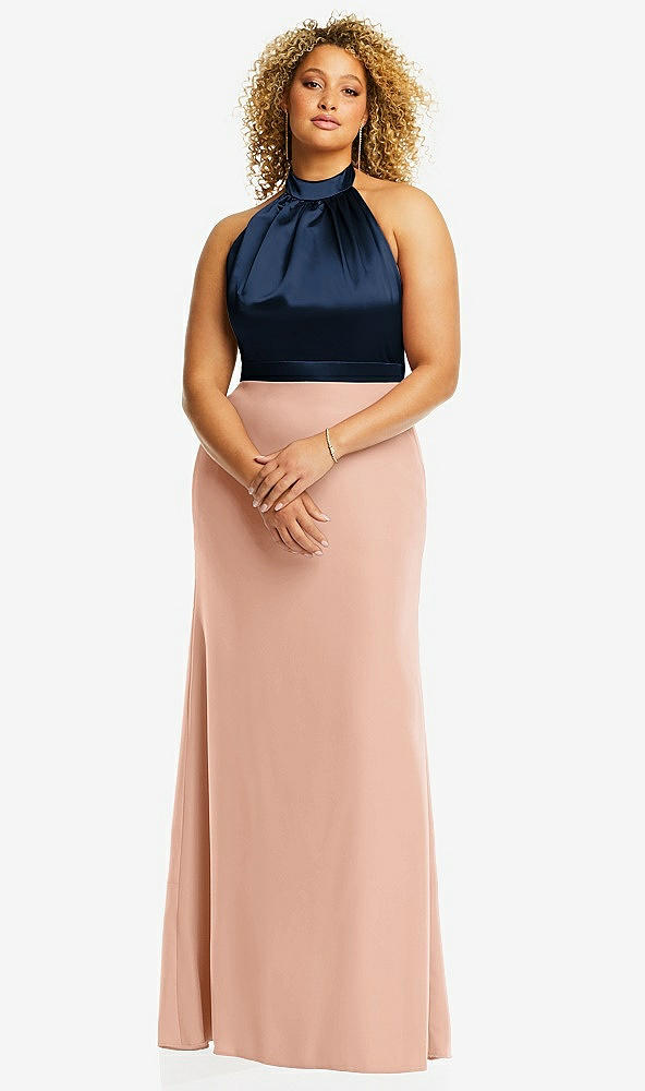 Front View - Pale Peach & Midnight Navy High-Neck Open-Back Maxi Dress with Scarf Tie