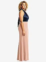 Side View Thumbnail - Pale Peach & Midnight Navy High-Neck Open-Back Maxi Dress with Scarf Tie