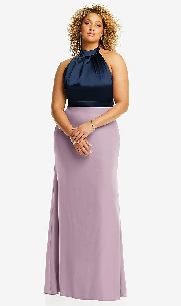 Front View - Suede Rose & Midnight Navy High-Neck Open-Back Maxi Dress with Scarf Tie