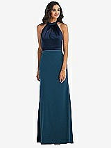 Alt View 1 Thumbnail - Atlantic Blue & Midnight Navy High-Neck Open-Back Maxi Dress with Scarf Tie