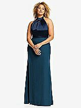 Front View Thumbnail - Atlantic Blue & Midnight Navy High-Neck Open-Back Maxi Dress with Scarf Tie